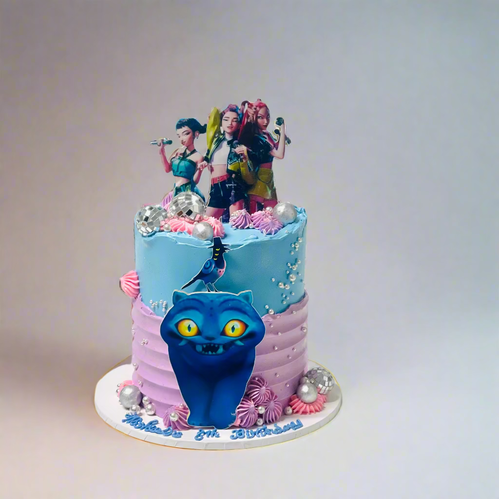 Colorful birthday cake with animated character figures on a plain background to suit kpop Demon Hunters fans