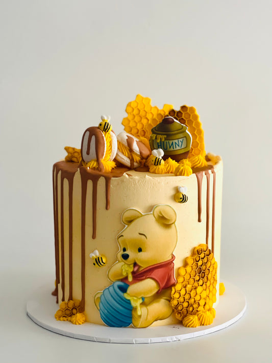 pooh bear with honey pot, honey drip and honey comb
