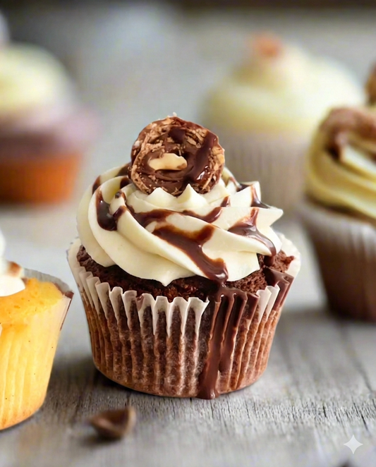 Chocolate cupcake with white frosting and a chocolate drizzle.