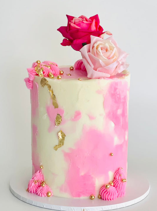 pink watercolour buttercream cake with roses for delivery across Brisbane