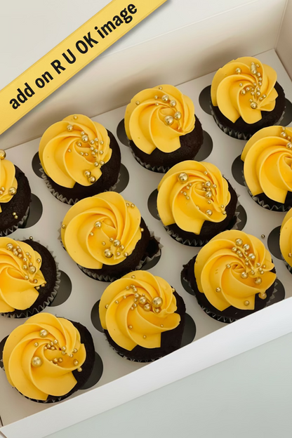 Cupcakes with yellow frosting and gold decorations with option to add R U OK toppers