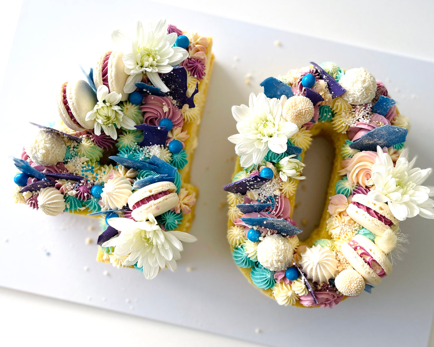 Blue and purple 40th birthday cake with flowers