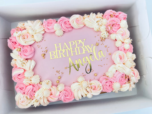 Rectangle slab cake with pretty swirls and custom message with delivery option across Brisbane
